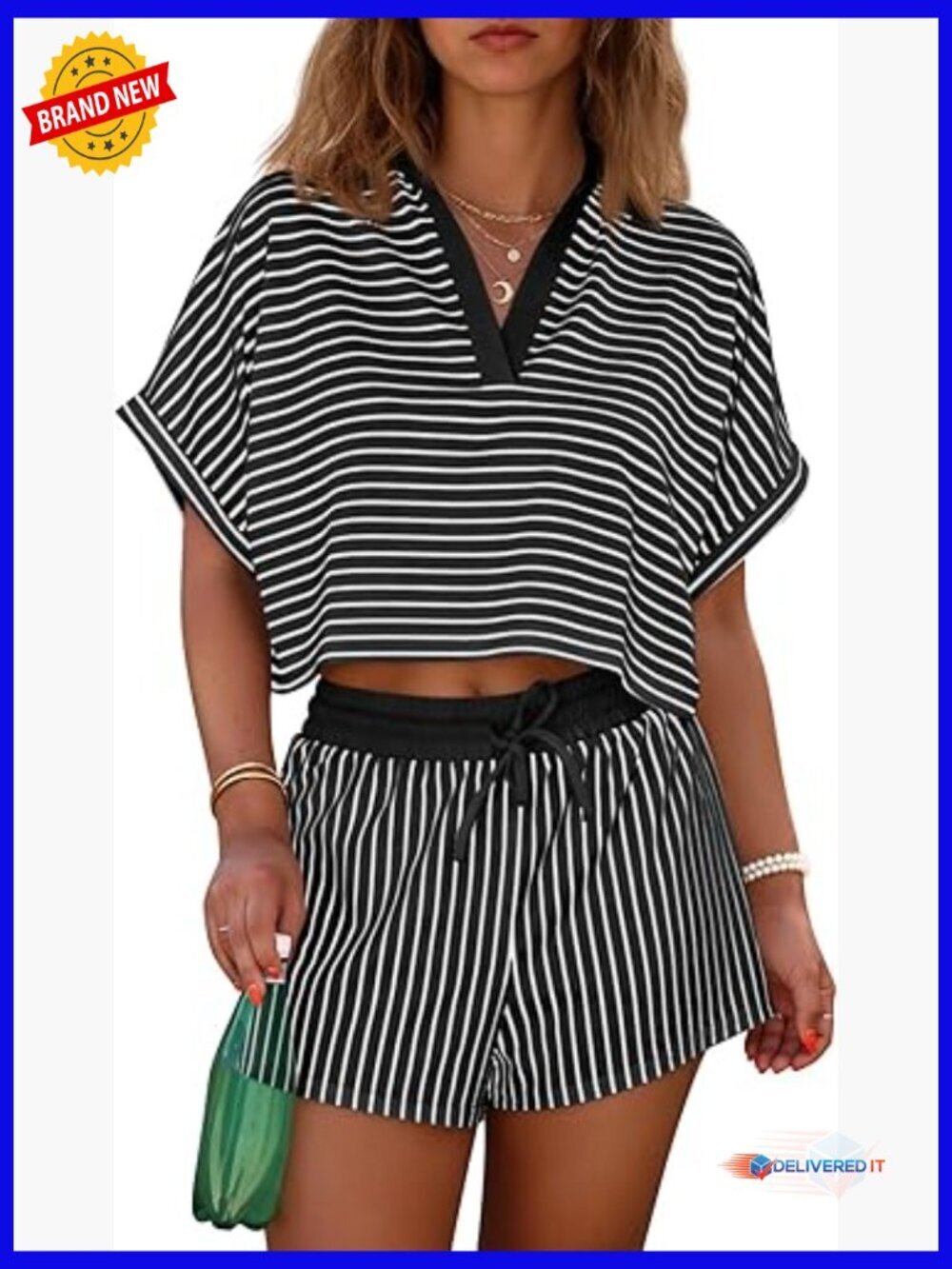 Striped 2 Piece Short Set V Neck Crop Top Loungewear Outfits
